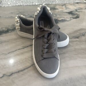 Steve Madden Dove Gray Suede Sneakers White Soles and White Pearl/Crystal heel